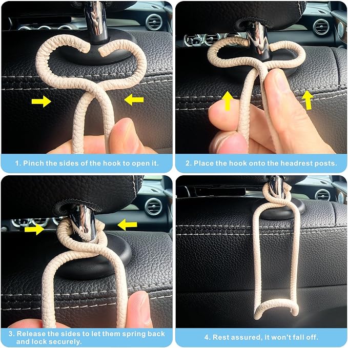 Car Seat Back Organizer Hooks 2 Pack with Anti-Drop Loop - Beige Leather/2S | Space Saving Car Headrest Hangers for Women Men, Universal Car Bag Holder for SUV Truck for Front and Back Seat Storage - Image 7