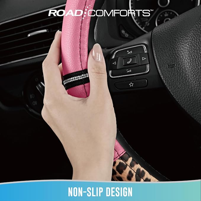Road Comforts Leopard Steering Wheel Cover for Women, Cute Anti-Slip Microfiber Leather, Universal Fit 14.5-15 Inch Round Steering Wheel - Pink - Image 8