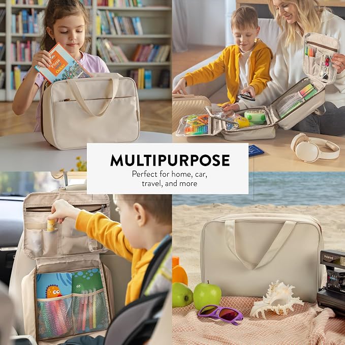 Kids Travel Organizer – Multi-Compartment, Water-Resistant Hanging Bag for Toys, Snacks, & Activities - Compact, Lightweight Design with Hook & Carry Handle - Perfect for Travel Use (Beige, Large) - Image 8
