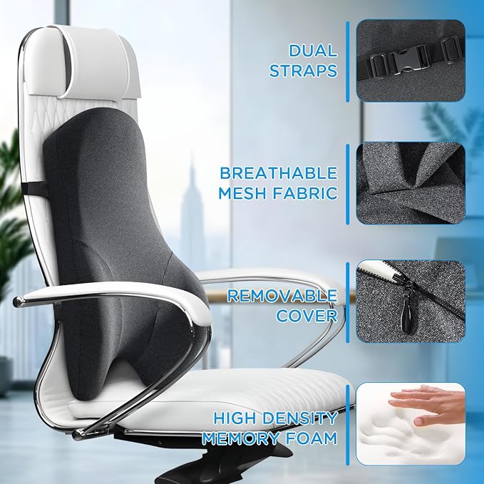 Teemour High Back Support Pillow for Office Chair, Fully Support Back Cushion - Memory Foam Lumbar Support Pillow for Office Chair, Desk, Gaming Chair, Promotes Posture Pain Relief Adjustable Straps - Image 9