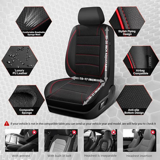 CAR PASS Air Mesh Leather Car Seat Covers Front Seats, Breathable Two Front Seat Covers for Cars, Comfortable Universal Fit for SUV Truck Sedan Automotive, Anti-Slip Airbag Compatible,Black and Red - Image 2