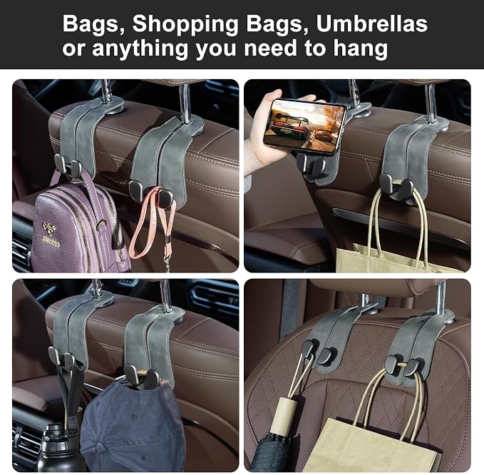 CoBak Purse Hook for Car - Universal Premium Stitched Leather and Aluminum-Magnesium Alloy Double Car Seat Back Storage Hook for Purses, Handbags, Bags (2 Pack),Gray - Image 7