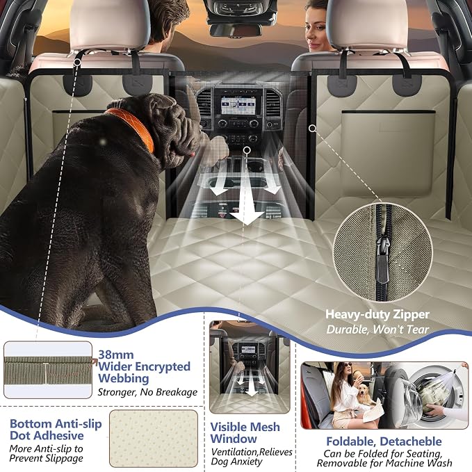 Dog Truck Seat Cover for Back Seat, Hard Bottom Pet Hammock, XL | for F150, RAM1500, Sierra, Tundra, Silverado Full-Size Crew Cab Trucks, Extender Space, Sturdy Oxford, Waterproof, Khaki - Image 6