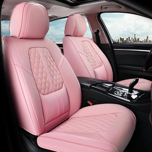 Coverado Car Seat Covers Full Set, Automotive Front and Rear Seat Covers with Backrest, Nappa Leather Car Seat Protectors Waterproof, Universal for Most Vehicles, Pink - Image 2