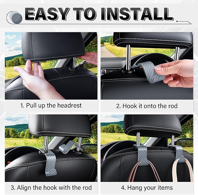 SINGARO Universal 2 Pack Car Seat Headrest Purse Hook, Carbon Fiber Back Seat Hook Storage Organizer Hanger for Purse Handbag Coat, Car Interior Accessories(Gray) - Image 5