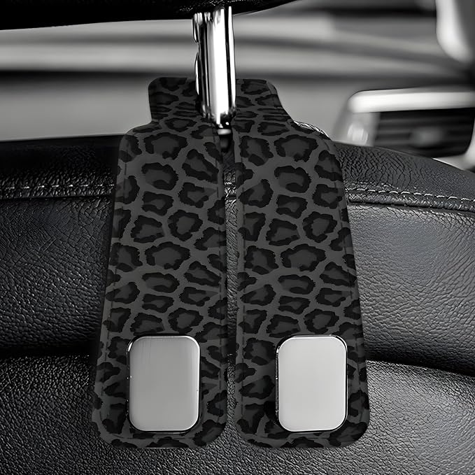 Car Seat Back Storage Headrest Hook, Premium Leather Double Metal Hook, Hanger Storage Organizer for Purse Cloth Bag, Car Interior Accessories Cute Black Leopard - Image 6