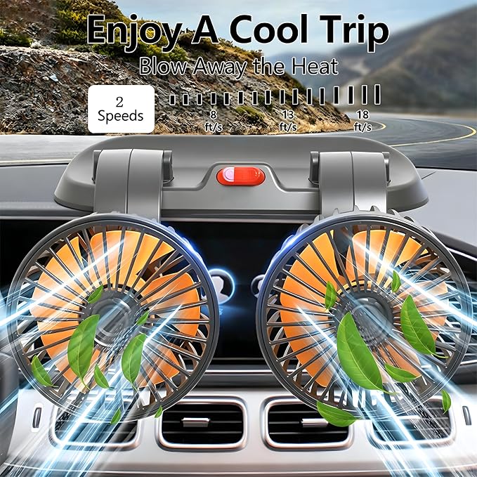 24V Dual Head Car Fan for SUV Truck RV, 2-Speed 360° Rotate | Cigarette Lighter Powered,Dual-head independent 360° rotation,2-speed turbo airflow,24V universal compatibility - Image 9