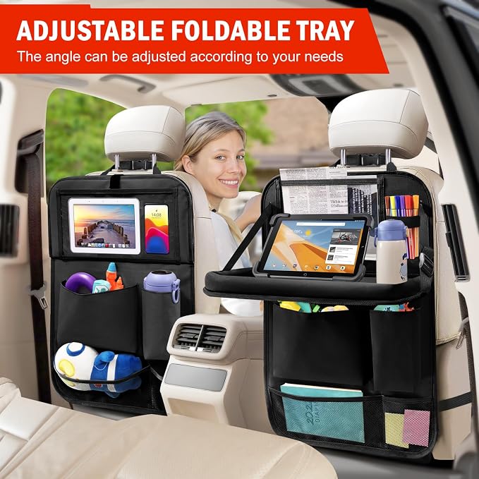 2Pack Car Backseat Organizer with Foldable Table Tray,6 Storage Pockets Car Storage Organizer with Tablet Holder,Car Seat Back Protectors Kick Mats Travel Accessories (Black) - Image 9