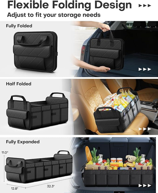 HOTOR Trunk Organizer for SUV – Foldable Car Organizers and Storage | 3 Compartments, Large Capacity Car Trunk Organizer Car Accessories for Truck Sedan, Black, 32.3" x 12.8" x 11.0" - Image 2