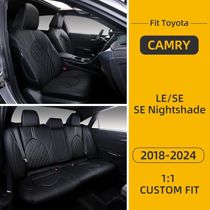 Custom Fit Camry Seat Covers for 2018-2024 Toyota Camry Gas - Black | Waterproof Faux Leather Full Coverage, Car Seat Protectors Full Set, Fit Toyota Camry LE SE SE Nightshade, Airbag Compatible - Image 7