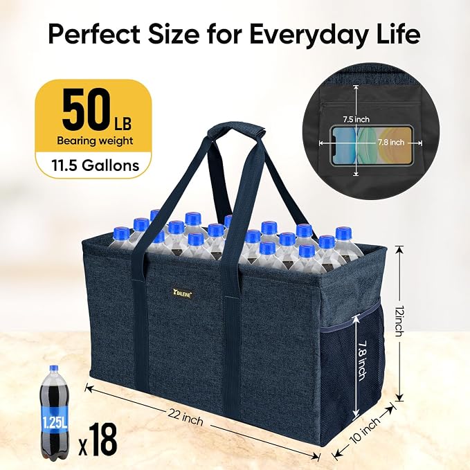BALEINE Extra Large Utility Tote Bag with Reinforced Wire Frame, Reusable Grocery Bag for Shopping, Picnic (Blue, 22''x12''x10'') - Image 7