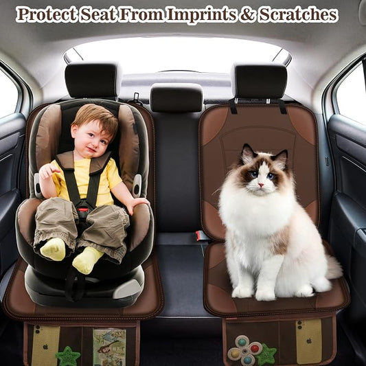 Sinvitron Car Seat Protector for Child Car Seat - Waterproof Non-Slip Leather Mat with 2 Mesh Pockets, Universal Seat Cover for Baby, Pets & Vehicles(2-Pack, Brown) - Image 2
