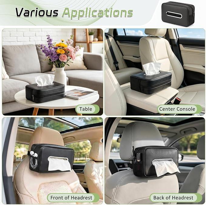 Car Tissue Box Holder PU Leather Car Organizer with Side Storage Pockets | Tissue Box Cover, Fits 120-160 Standard Rectangular Tissue Boxes, Large Capacity Backseat Tissue Organizer for Car SUV Truck - Image 7
