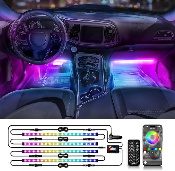 OPT7 Aura DreamColor RGBIC Interior Car Lights with App & Remote, 4PC Kit | Chasing Light Effects, Rainbow Ambient Glow, Multicolor LED Strips, SUV Under Dash Decor, Music Sync Lighting - Image 9