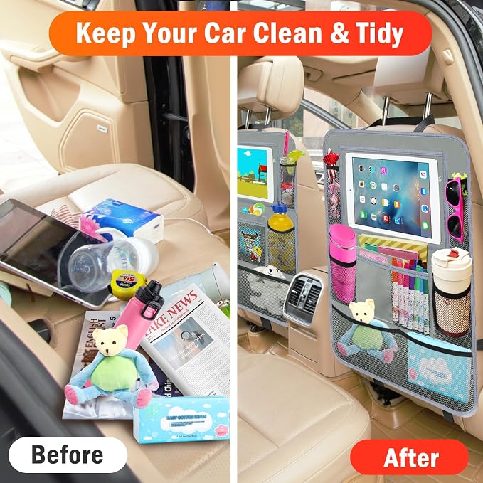 Car Backseat Organizer ,2 Pack Car Organizer Back Seat with 11" Tablet Holder, 10 Storage Pockets Seat Back Protectors Kick Mats for Kids Toddlers, Travel Accessories (Grey) - Image 8
