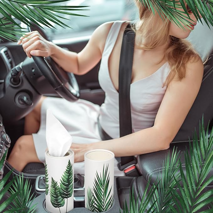 Zonon 8 Pcs Greenery Car Tissue Cylinder with 3-ply Facial Tissue Bulk Round Tissues Holder Box Spring Travel Cylinders Tubes for Car Decoration with 50 Sheets for Cup Holder Round Container - Image 7