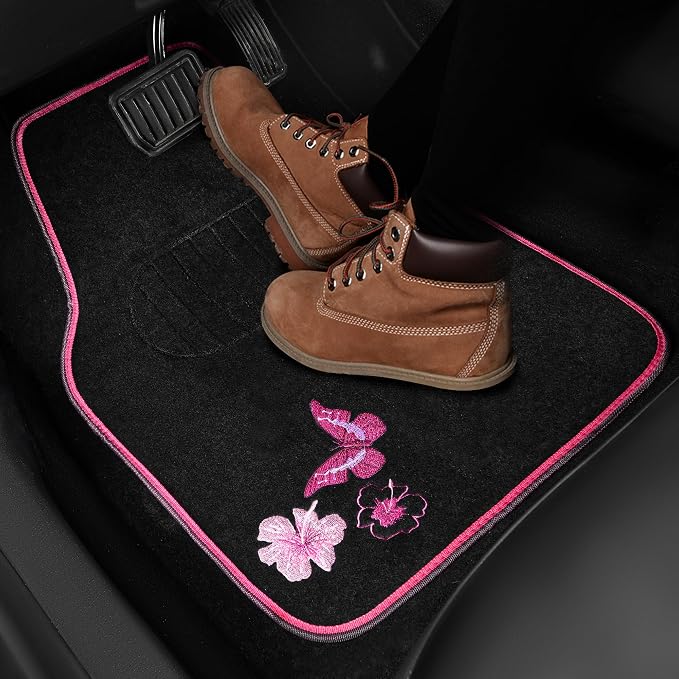 CAR PASS Embroidery Butterfly and Flower Car Floor Mats, Pink Car Floor Mats Universal Fit 95% Automotive,SUVS,Sedan,Vans,for Cute Women,Girly,Set of 4 (Black with Pink) - Image 9
