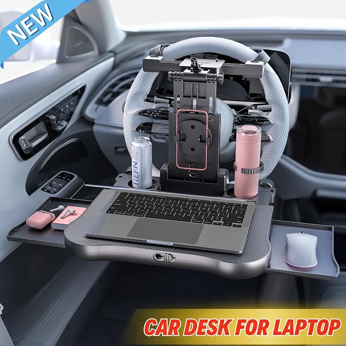 Car Back Seat Tray Table for Older Kids & Passengers, Road Trip Travel | Sturdy Desk Holds Laptop/Meals, 360° Rotatable Phone Holder & Dual Cup Slots, Adjustable Height for Older Kids & Adults - Image 9