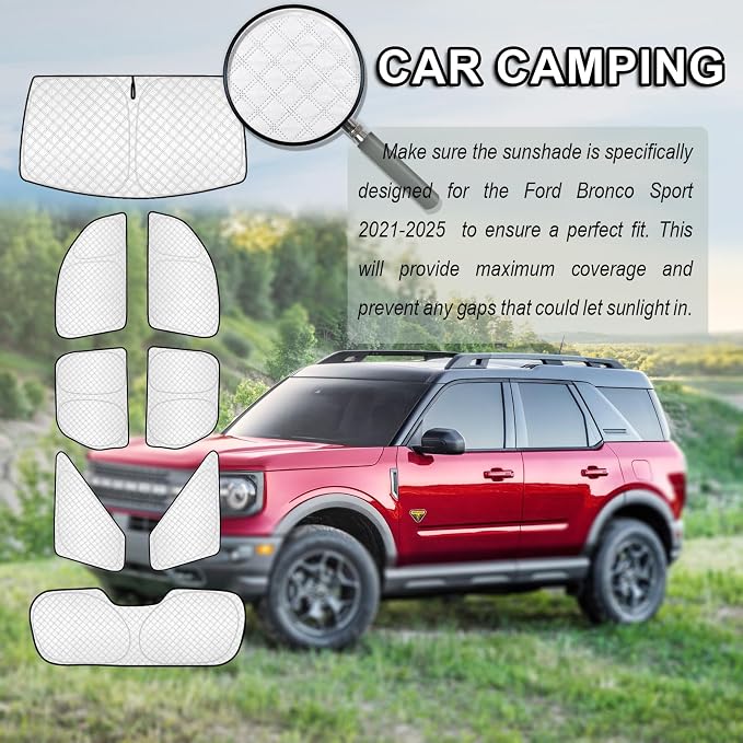 KMF 8pcs Thicken Sun Shades for Ford Bronco Sport 2021-2025 2026 Accessories, Custom Fit Full Car Window Covers Sunshade for Windshield Side Rear, UV Block and Blackout Privacy for Camping Outdoor - Image 9
