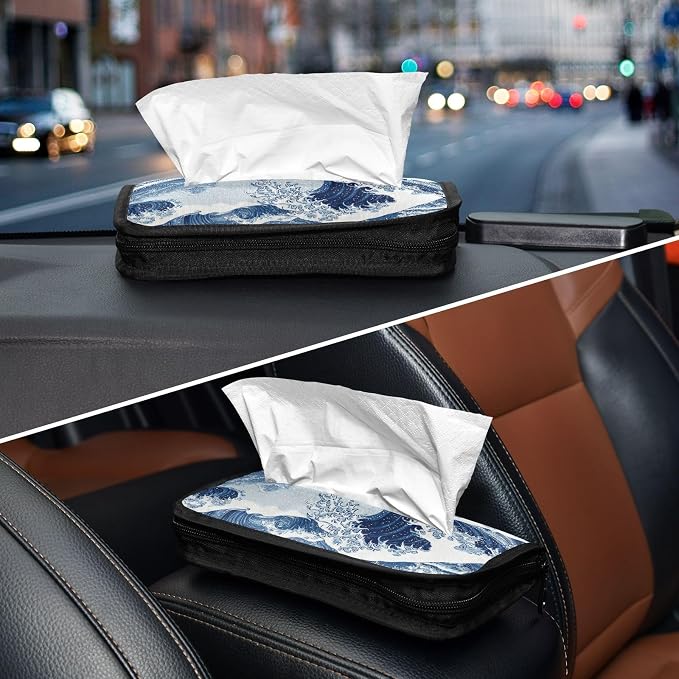 Car Tissue Holder Car Napkin Holder Tissue Box Dispenser Storage Case Sun Visor Mask Holder Accessories with Adjustable Straps Reusable Refillable Deep Blue Wave Pattern Snow Mountain - Image 8