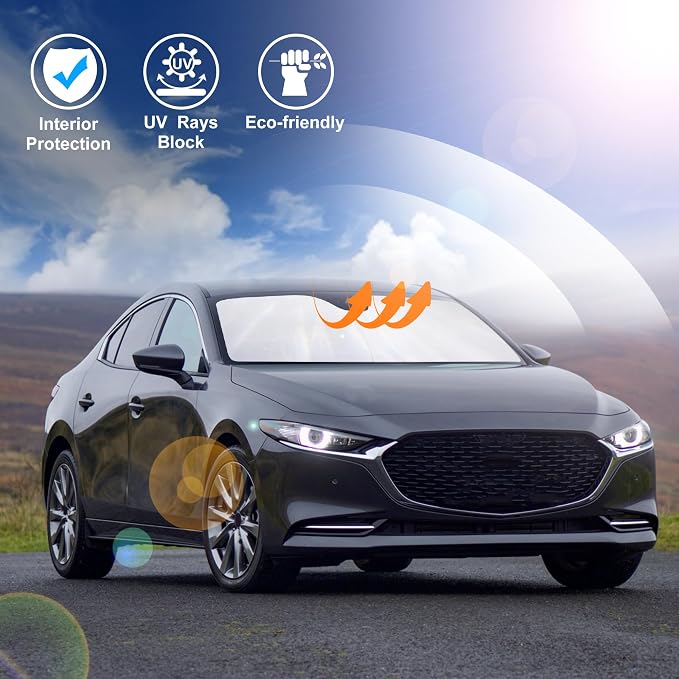 Windshield Sun Shade for 2019-2025 2026 Mazda 3 Accessories | Full covered, Foldable & Durable, Block UV Rays, Reduce Heat, Easy to install, Keep Car Cooler - Image 5