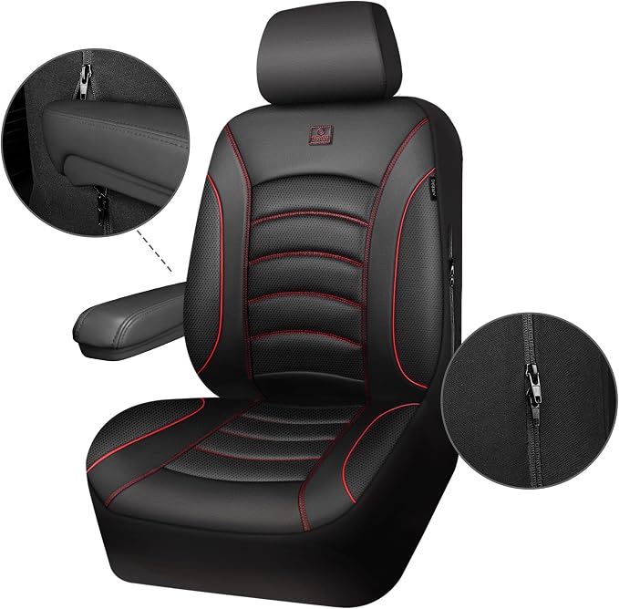 CAR PASS 3D Foam PU Leather Car Seat Covers, Universal Seat Covers Front 2 for Trucks SUV Sedan Automotive Seat Covers Armrest Airbag Compatible Waterproof Comfortable Faux Nappa Leather Black Red - Image 9