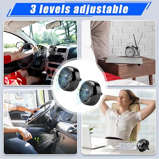 Glooglitter 2 Pcs Car Fan USB for Rear Seat Passenger Portable Headrest 360 Degree Rotatable 3 Speed 12v/ 24v Automobile Ventilation Fan with Clip for SUV Backseat, RV, Vehicles(Creative,Black) - Image 7