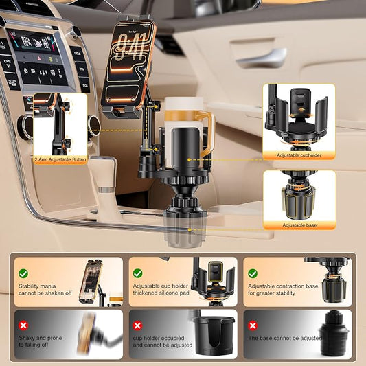 Tablet Holder for Car, 3 in1 Stable Cup Holder ipad Car Mount with Expander | Adjustable Base and Long Arm with 360°Rotation Phone ipad Holder for 4-12.9‘’ Tablet, All Smartphones and Most Bottles - Image 2