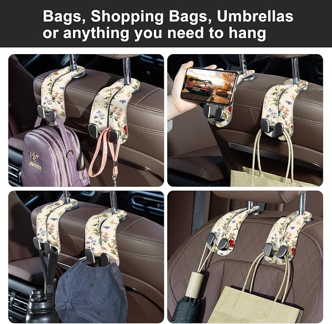 CoBak Purse Hook for Car - Universal Premium Stitched Leather and Aluminum-Magnesium Alloy Double Car Seat Back Storage Hook for Purses, Handbags, Bags (2 Pack),Antique Floralia - Image 6