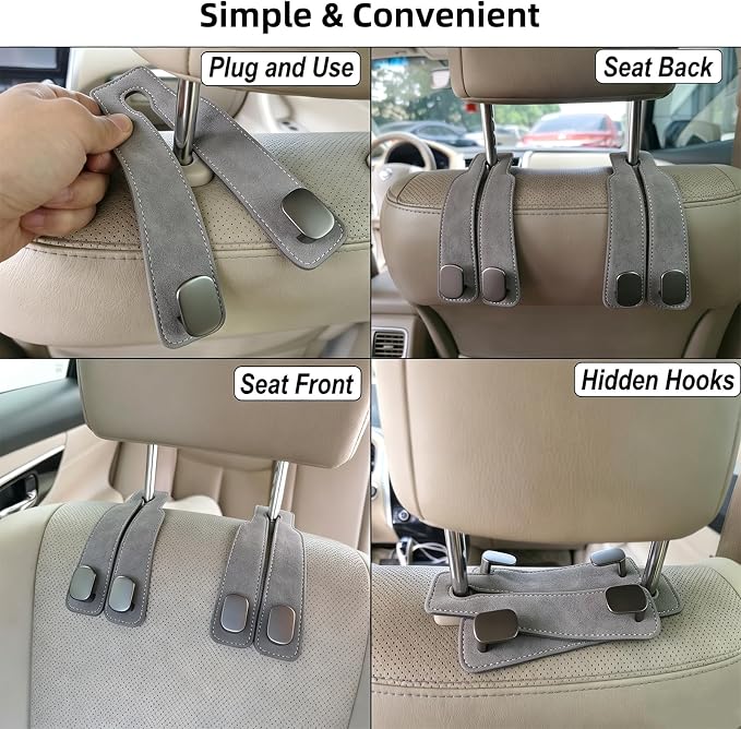 GoldenLife Headrest Hooks for Car, 2 Pack Premium Car Bag Hooks | Secure Heavy-Duty, Elegant & Universal Fit Car Hooks for Purses Handbags Grocery & Backpacks (Grey) - Image 7
