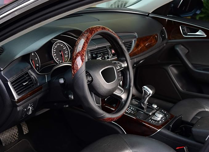 KAFEEK Wood Grain Steering Wheel Cover, Microfiber Leather, 15 Inch | Luxury Mahogany Style, Breathable Perforated Design, Anti-Slip Inner Ring, Odorless - Image 6