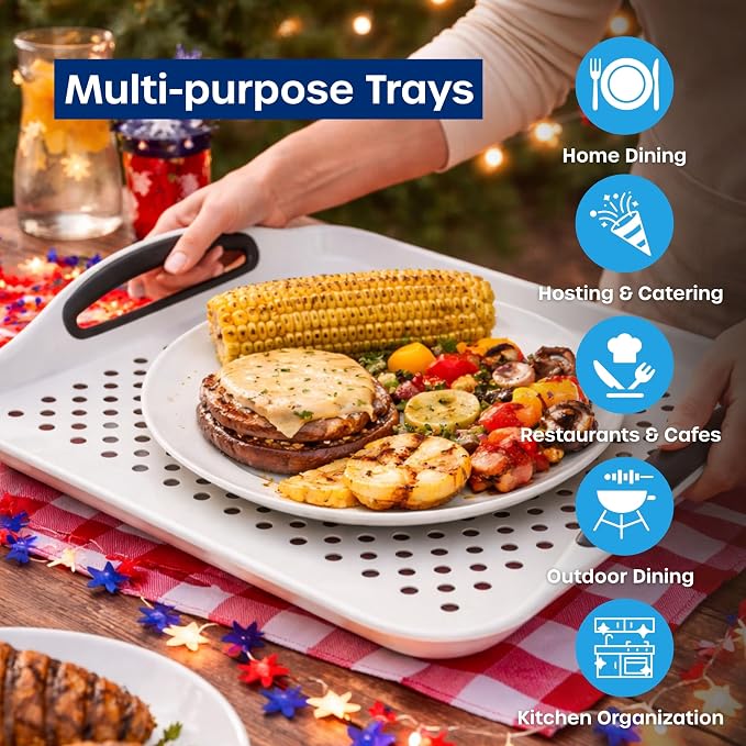 Food Trays for Eating on Couch - 2 Pack - Non Slip Dinner Trays for Eating Set of 2 Non Slip Serving Tray and Food Tray with Handles (Black & White) - Image 8