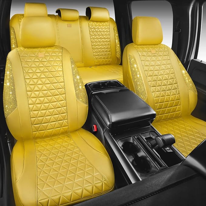 CAR PASS Yellow Bling Diamond Leather Car Seat Cover Full Sets,Waterproof Shining Glitter Sparkly Crystal Universal Fit for Automotive Truck SUV Cute Women Girl Airbag Compatable,All Yellow Rhinestone - Image 8