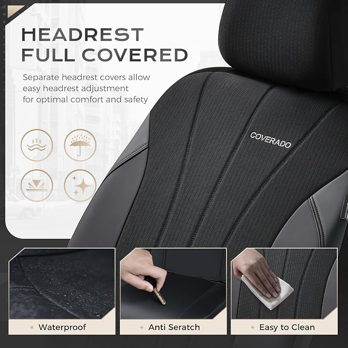 Coverado Car Seat Covers Full Set, Automotive Seat Covers 5-piece, Leather Car Protectors 5 Seats, Black Auto Seat Covers Spill-Proof Design Universal Fit for SUV, Vans, Sedan, Truck - Image 8