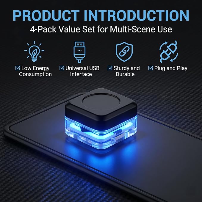 4 PCS Car Interior USB LED Lights, Square Ambient Mood Decorative Lamp, Portable Mini Soft Glow Night Light, Universal Plug and Play Lighting Accessory for Car & Home & Camping (Blue) - Image 6