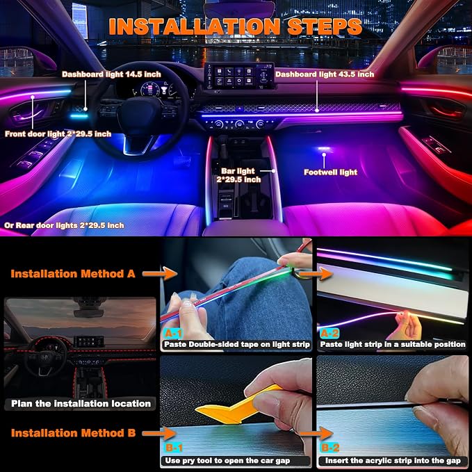 Jushope Interior Car LED Strip Lights, USB Car Ambient Lighting (6 in 1) | Dynamic Dream-color Chasing Wireless APP Control Music Sync Flexible Acrylic LED Lights for Car - Image 6