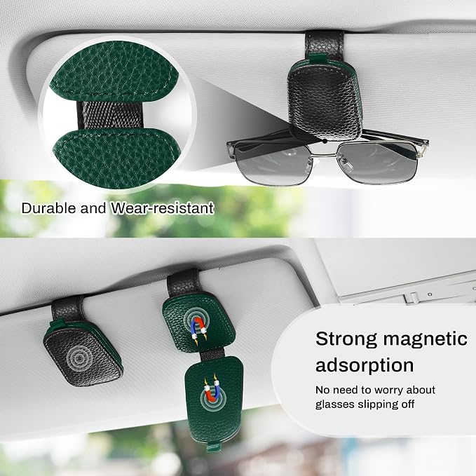 SINGARO Sunglasses Holder for Car, Leather Magnetic Buckle Sun Visor Sunglass Clip, Ticket Card Storage Glasses Clip, Car Interior Accessories for Men and Women(Black-Green) - Image 7