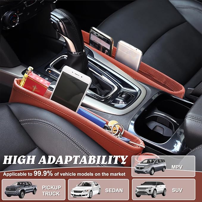 2 Pack Update Car Seat Gap Filler Organizer Leather Console Storage Box Front Side Pocket Seats Organizers Filler Interior Car Accessories for Phone Wallet Coin Key Sunglasses (Brown) - Image 7