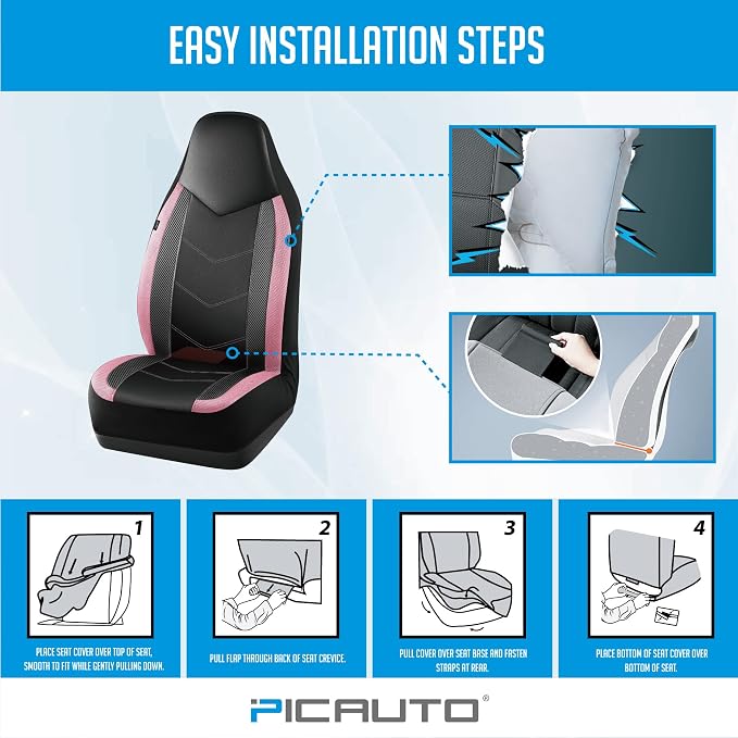 PIC AUTO Leather Car Seat Covers, Sports Carbon Fiber & Mesh Design, High-Back Two Front Set, Waterproof Automotive Seat Covers, Airbag Compatible, Universal Fit for Most Cars (Black & Pink) - Image 7