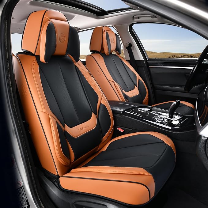 Coverado Universal Seat Covers Full Set, 5 Seats Universal Seat Covers for Cars, Waterproof Nappa Leather Car Seat Covers with Head Pillow, Auto Protectors Fit for Most SUV Pick-up Truck-Black&Brown - Image 9