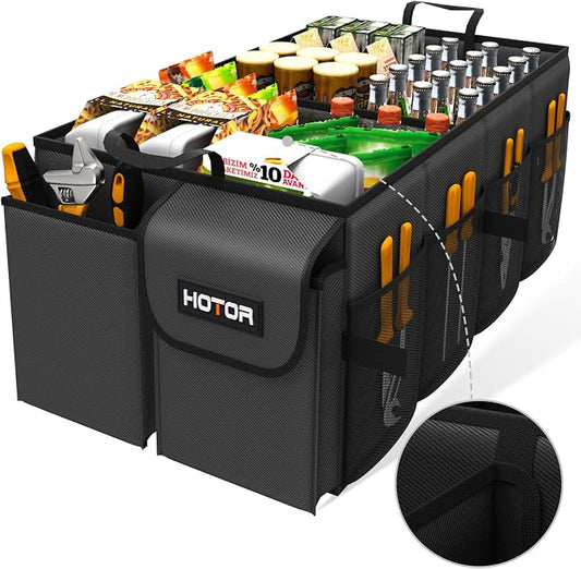 HOTOR Trunk Organizer - Foldable Car Organizer for SUVs & Sedans Storage | Sturdy Car Organization for Men & Women, Car Accessories, Tools, Sundries, Black, 4 Compartments, 23.2" x 16.0" x 11.6" - Image 2