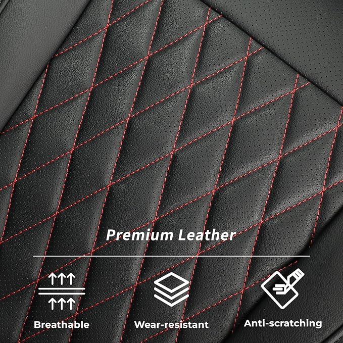 Silverado Seat Covers for 2014-2018 Chevy Silverado/GMC Sierra 1500/HD 2500/3500 DoubleCab Pickup Seat Cover,Fully Covered,Waterproof Truck Leather Seat Protector(Full Set,Black/Red) - Image 9