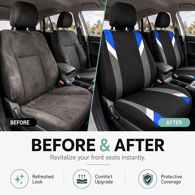 FH Group Front Set Cloth Car Seat Covers for Low Back Car Seats with Removable Headrest, Universal Fit, Airbag Compatible Seat Cover for SUV, Sedan, Van Blue - Image 9