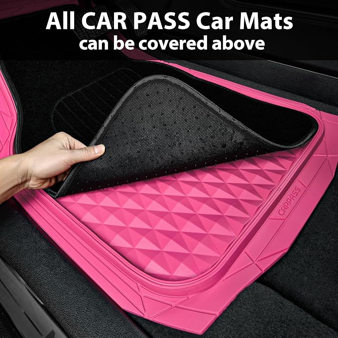 CAR PASS Heavy Duty Rubber Pink Car Floor Mats, Deep Dish All-Weather Full Set Durable Anti-Slip 3D Rhombus Waterproof Trim to Fit Liner Universal Fit Automotive,Sedan,SUV,Truck, 3 Pcs Hot Pink - Image 9
