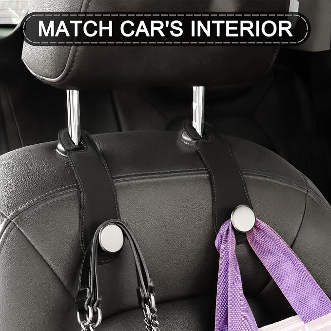2 Pack Car Headrest Hooks Leather & Alloy Car Seat Storage Hangers, Black | 44lb Heavy Duty Stylish Car Seat Organizer Hooks for Purses Bags, Coat, Umbrellas, Water Bottle, Car Inside Accessories - Image 7
