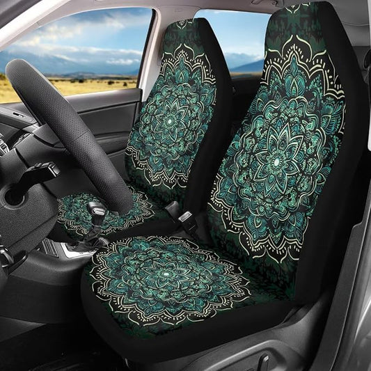 Boho Front Seat Covers for Cars, Set of 2 Green Mandala Bucket Seat Covers, Soft Breathable Polyester Seat Protectors for SUV, Truck and Sedan - Image 2