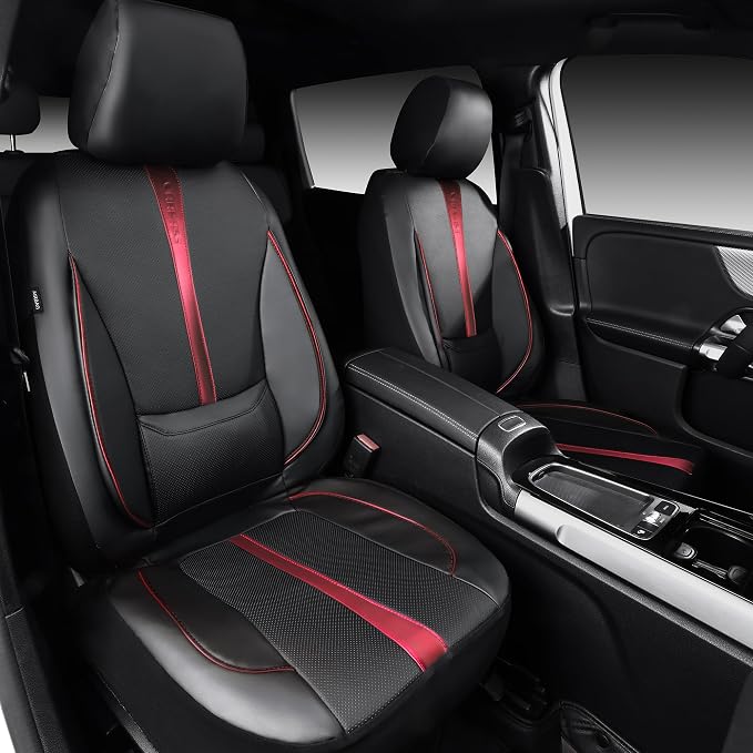 CAR PASS Nappa Leather Two Front Car Seat Covers, Water Resistant Faux PU Leather Seat Covers, 3D Foam Support Automotive Seat Covers Comfortable & Durable Universal Fit for Cars SUV Truck, Black Red - Image 8