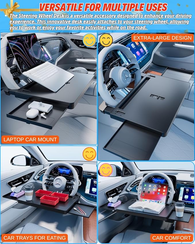 Steering Wheel Laptop Tray for Car, Adjustable Workstation Desk | Fits Most Steering Wheels with Cover, Dual Slide-out Trays Expand Workspace, Stable Laptop Surface, Sturdy for Meals & Work - Image 10