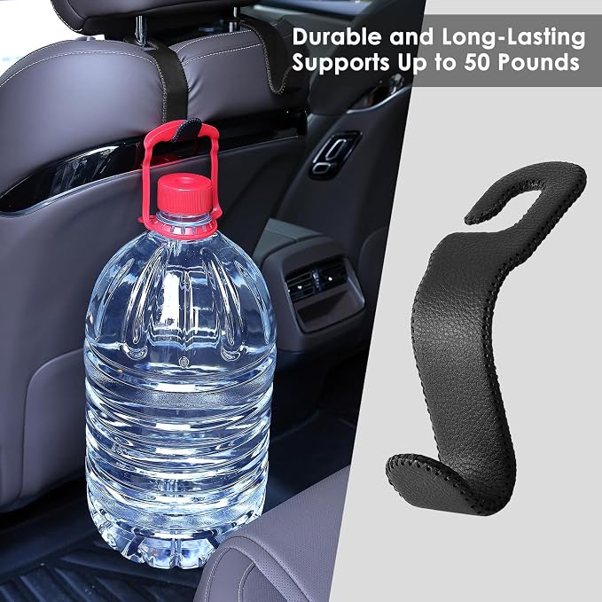 AMVOYOA Leather Car Seat Hooks - U-Shaped Purse Holder for Car, Fully Leather-Wrapped Headrest Hooks for Purses, Bags & Coats, Durable Seat Back Organizer for Travel & Daily Use (Black, 2 Pack) - Image 7
