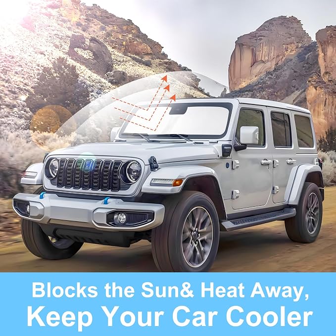Windshield Sun Shade for 2018-2026 Jeep Wrangler JL/4XE | Full covered for windshield, Foldable & Durable, Block UV Rays, Reduce Heat, Easy to install, Keep Car Cooler - Image 6